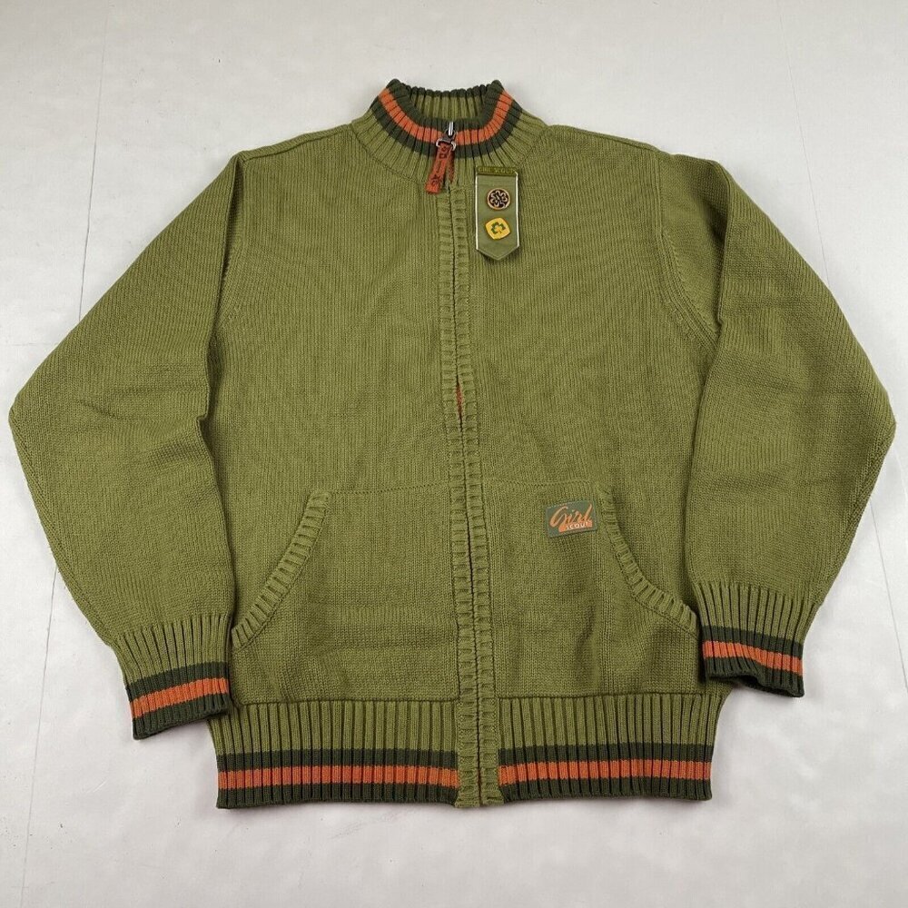 Girl Scouts Full Zip Cardigan Sweater Girl’s M Green Ribbed Neck Cuff Hem Pocket